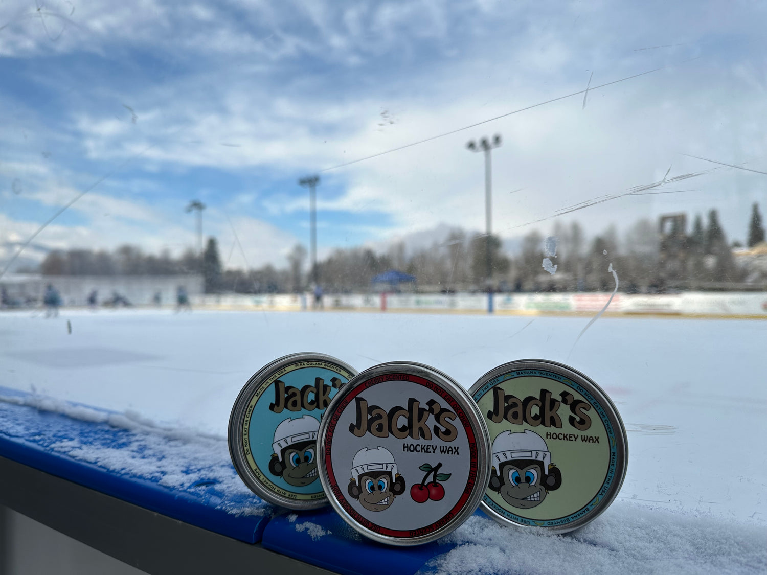 Jacks Hockey Wax tins at the outdoor rink in Winthrop, WA